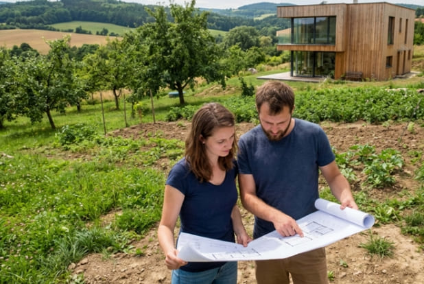 People looking at house blueprints