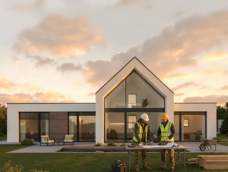 People looking at house blueprints